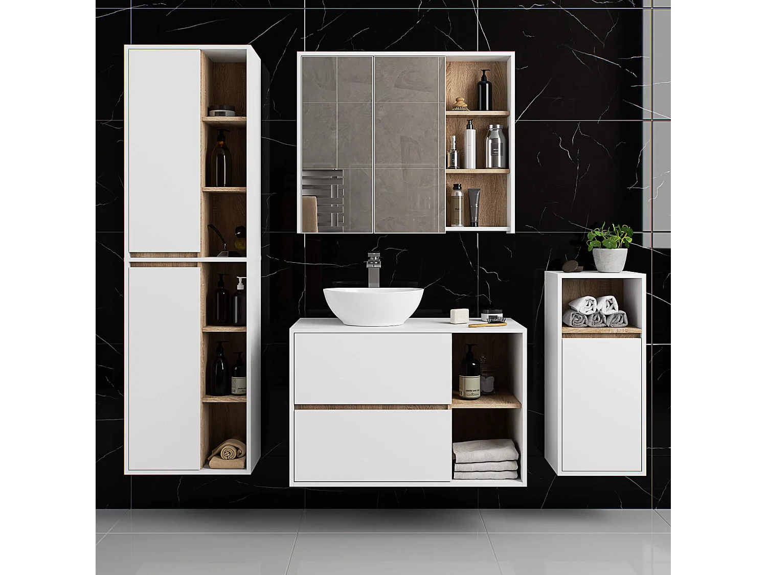 Hangende Badkamerkast Spiegelkast VAMI W90 met 2 Deuren en 6 Planken en Spiegel / Wit - Sonoma Eik / AKORD Furniture Factory / 90x15x75 cm