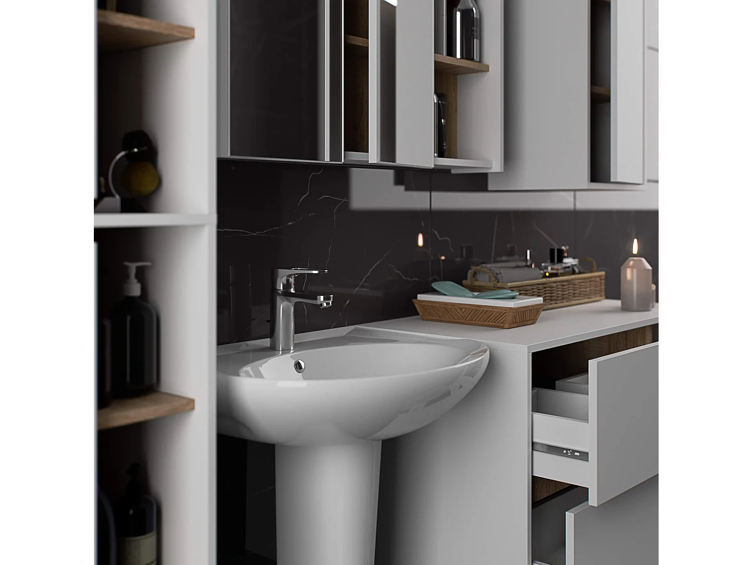 Hangende Badkamerkast Spiegelkast VAMI W90 met 2 Deuren en 6 Planken en Spiegel / Wit - Sonoma Eik / AKORD Furniture Factory / 90x15x75 cm