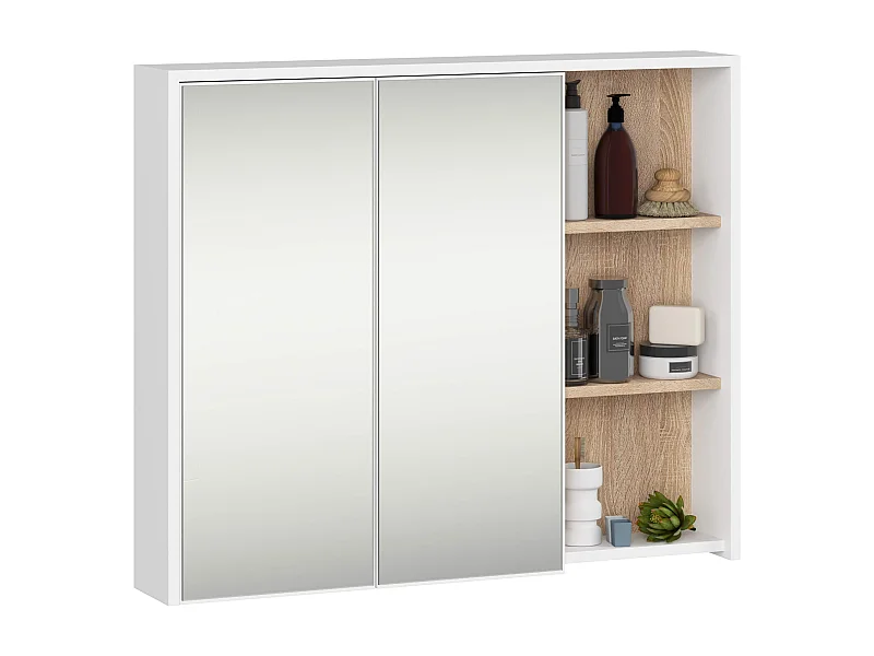Szafka łazienkowa wisząca z lustrem AKORD VAMI Biała, Dąb Sonoma 90 cm 2 drzwi 6 półek 90x75x15 cm