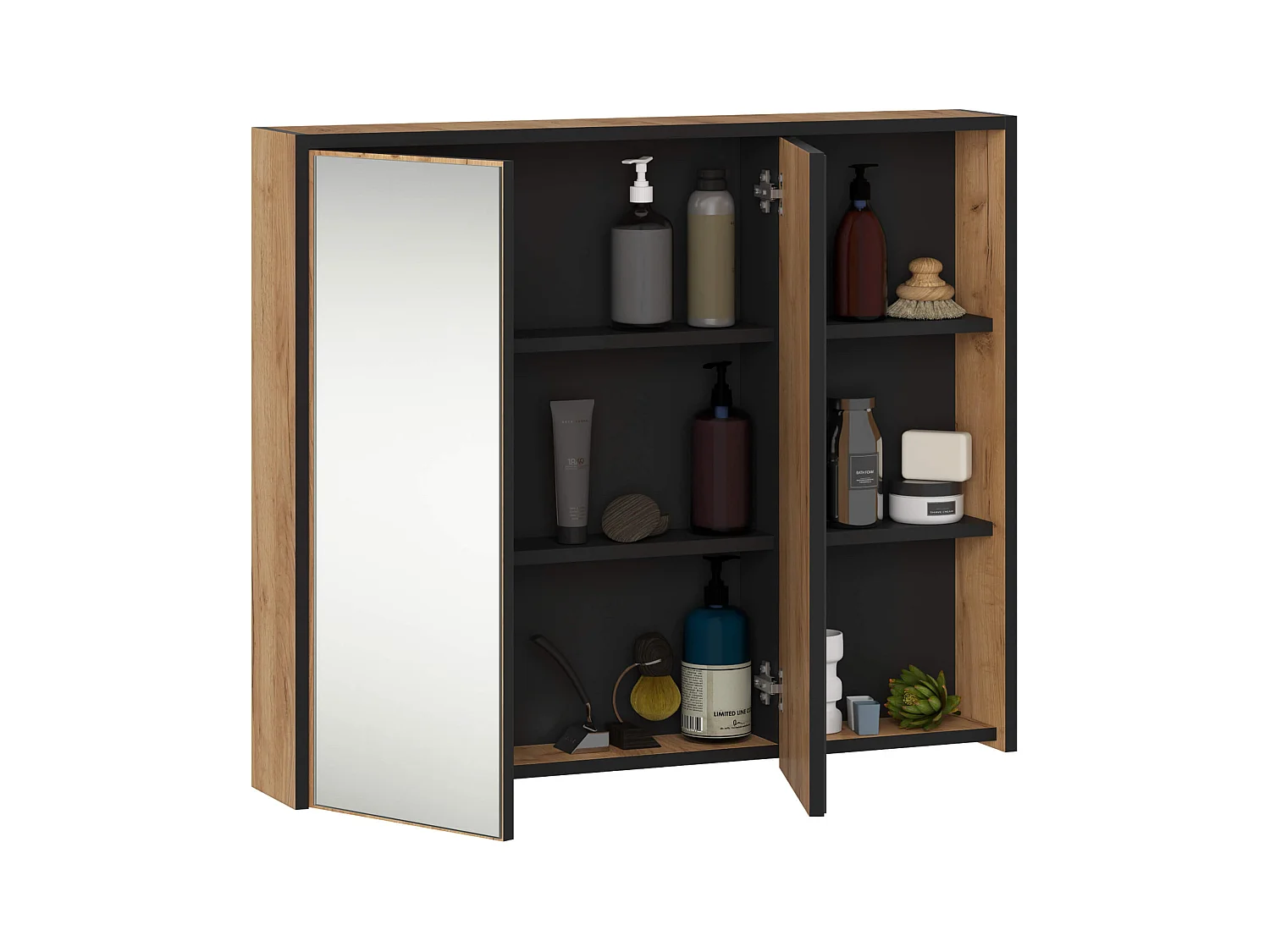 Badezimmer-Hängeschrank VAMI mit Spiegel Craft Eiche, Schwarz 90 cm 2 Türen 6 Regalböden B90xH75xT15 cm
