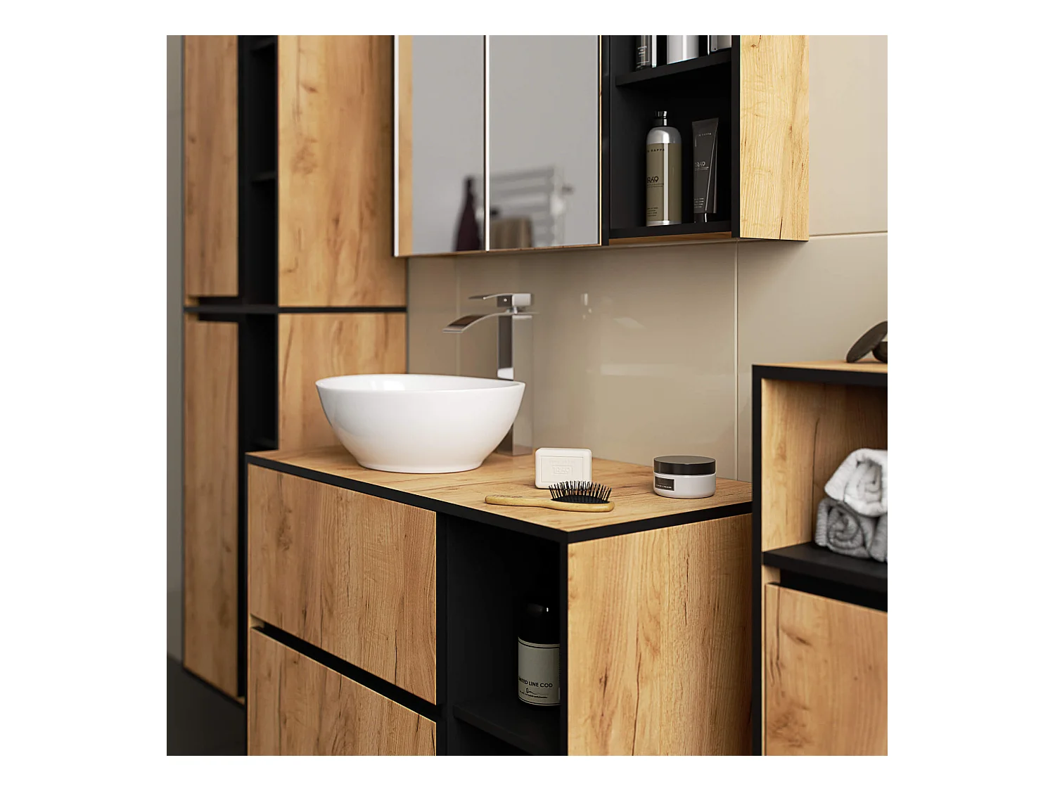 Badezimmer-Hängeschrank VAMI mit Spiegel Craft Eiche, Schwarz 90 cm 2 Türen 6 Regalböden B90xH75xT15 cm