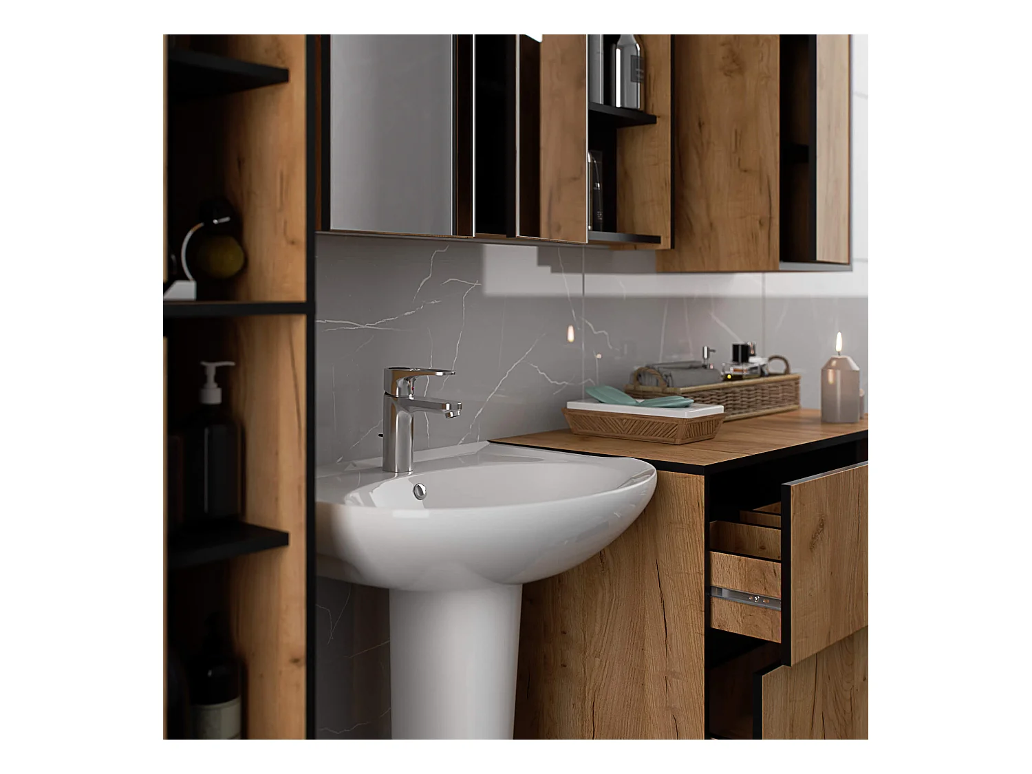 Badezimmer-Hängeschrank VAMI mit Spiegel Craft Eiche, Schwarz 90 cm 2 Türen 6 Regalböden B90xH75xT15 cm