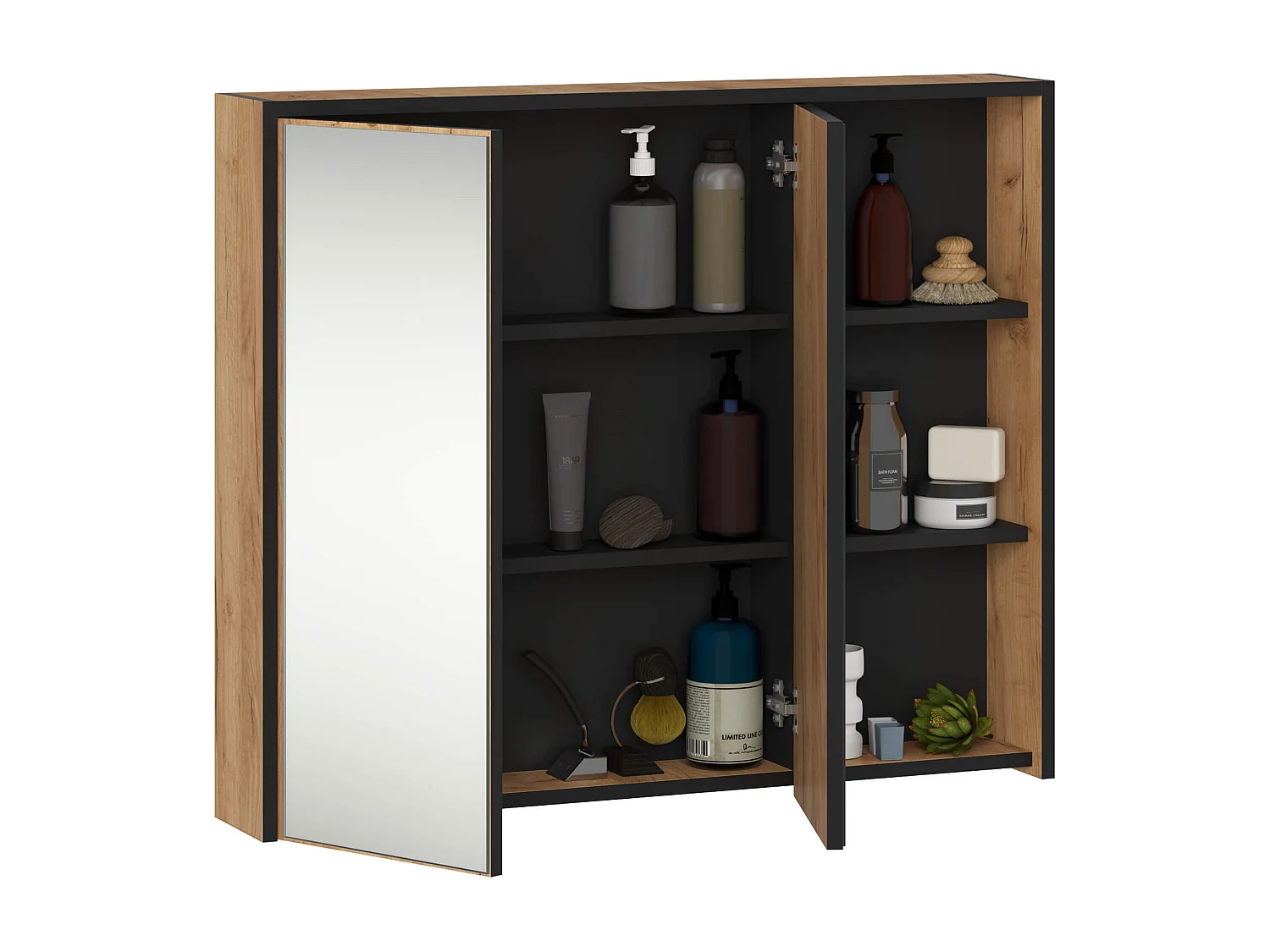 Hangende Badkamerkast Spiegelkast VAMI W90 met 2 Deuren en 6 Planken en Spiegel / Craft Eik - Zwart / AKORD Furniture Factory / 90x15x75 cm