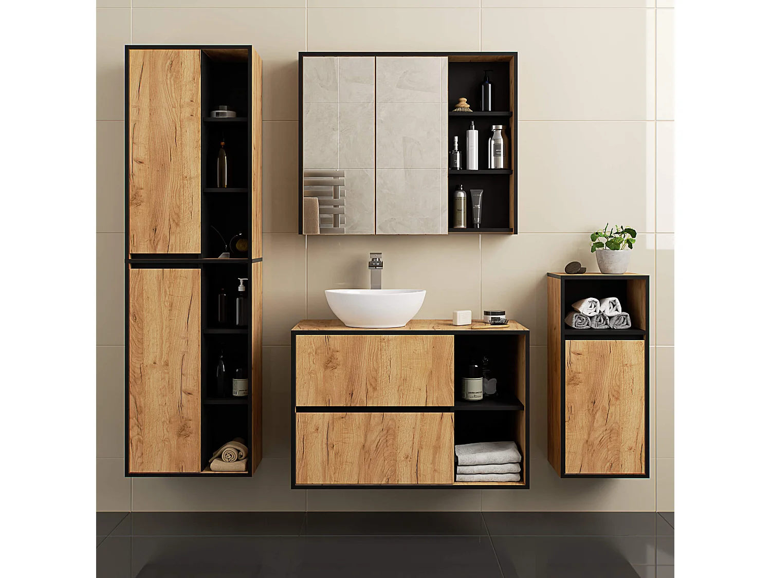 Hangende Badkamerkast Spiegelkast VAMI W90 met 2 Deuren en 6 Planken en Spiegel / Craft Eik - Zwart / AKORD Furniture Factory / 90x15x75 cm