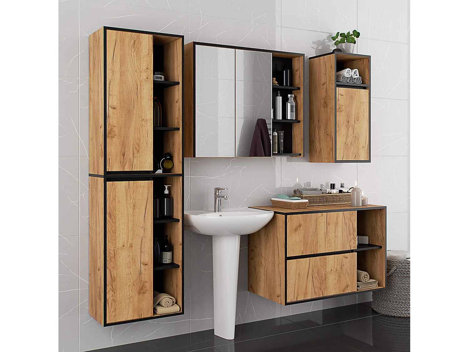 Hangende Badkamerkast Spiegelkast VAMI W90 met 2 Deuren en 6 Planken en Spiegel / Craft Eik - Zwart / AKORD Furniture Factory / 90x15x75 cm