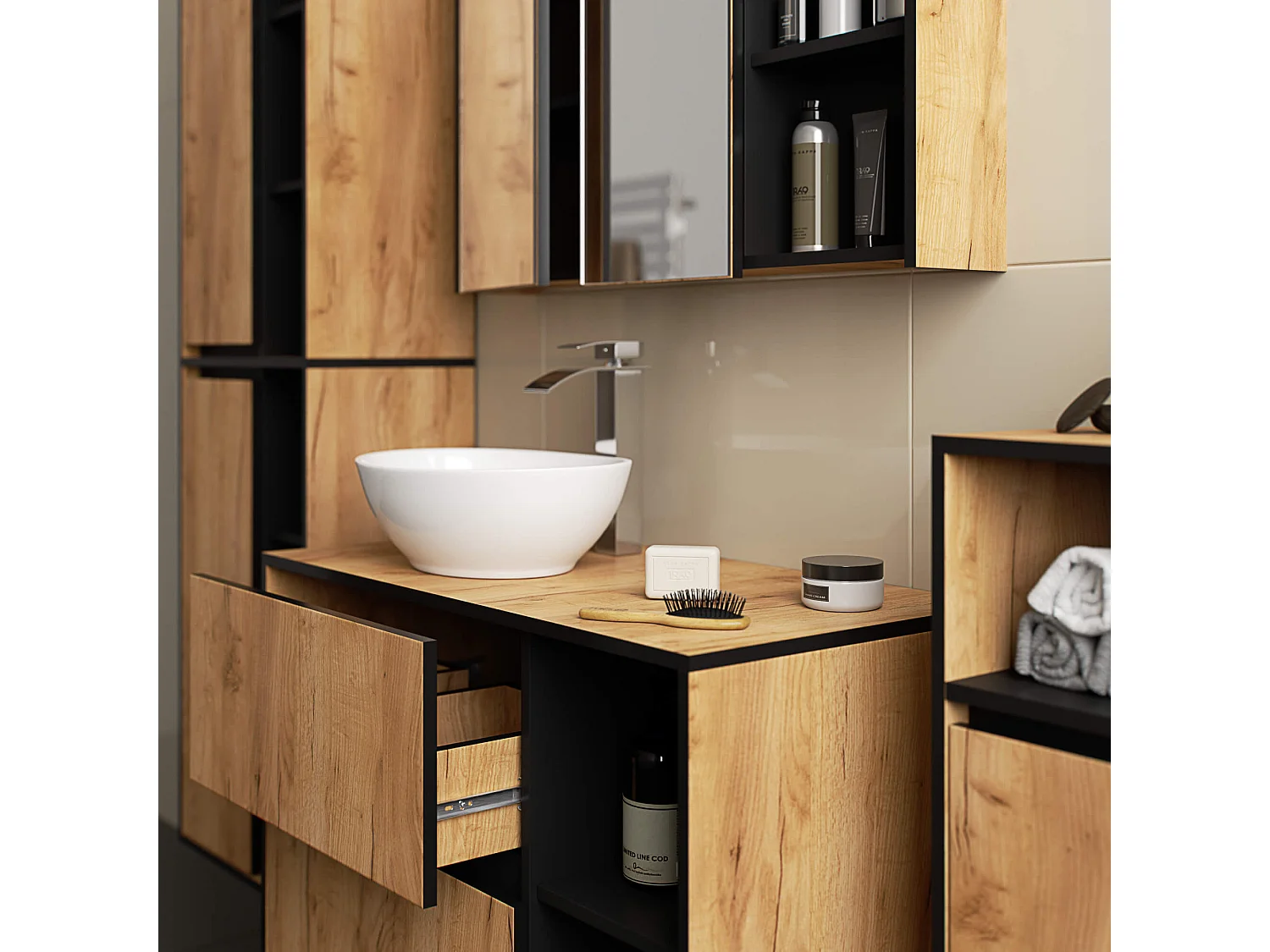 Hangende Badkamerkast Spiegelkast VAMI W90 met 2 Deuren en 6 Planken en Spiegel / Craft Eik - Zwart / AKORD Furniture Factory / 90x15x75 cm