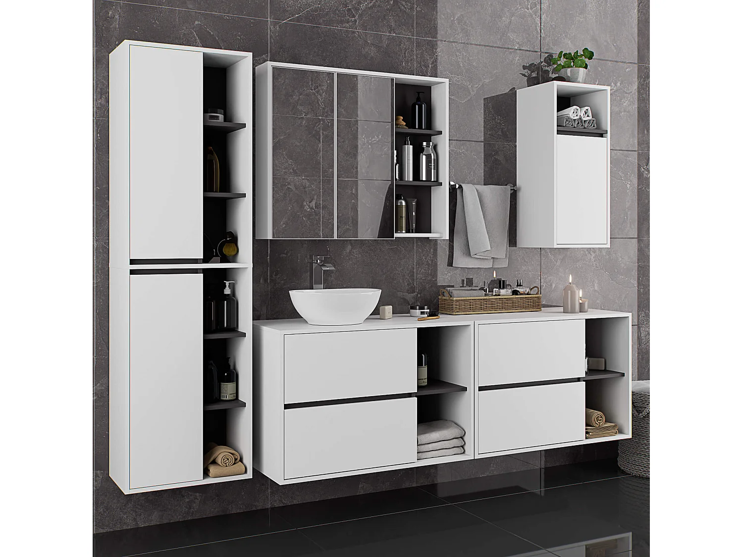 Hangende Wastafel Onderkast VAMI W90/ Wastafel Onderbouw Kast / Badkamer Kastje / Wit - Grafietgrijs / AKORD Furniture Factory / 90x60x45,5 cm