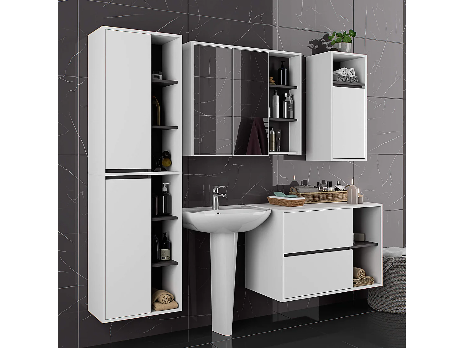 Hangende Wastafel Onderkast VAMI W90/ Wastafel Onderbouw Kast / Badkamer Kastje / Wit - Grafietgrijs / AKORD Furniture Factory / 90x60x45,5 cm