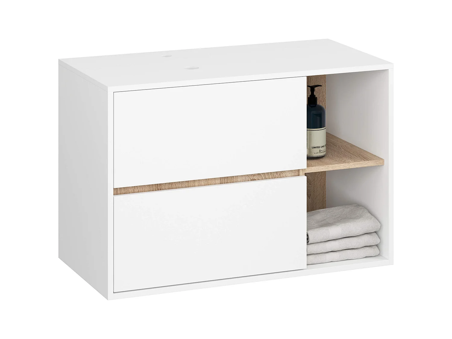 Meuble avec vasque à poser VAMI suspendu Blanche 90 cm 2 tiroirs intérieur Chêne Sonoma 2 étagères 90x45,5x60 cm