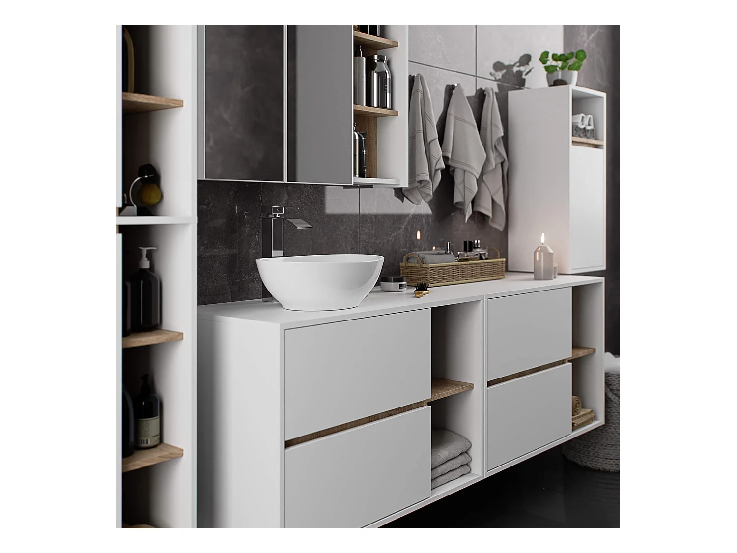 Meuble avec vasque à poser VAMI suspendu Blanche 90 cm 2 tiroirs intérieur Chêne Sonoma 2 étagères 90x45,5x60 cm