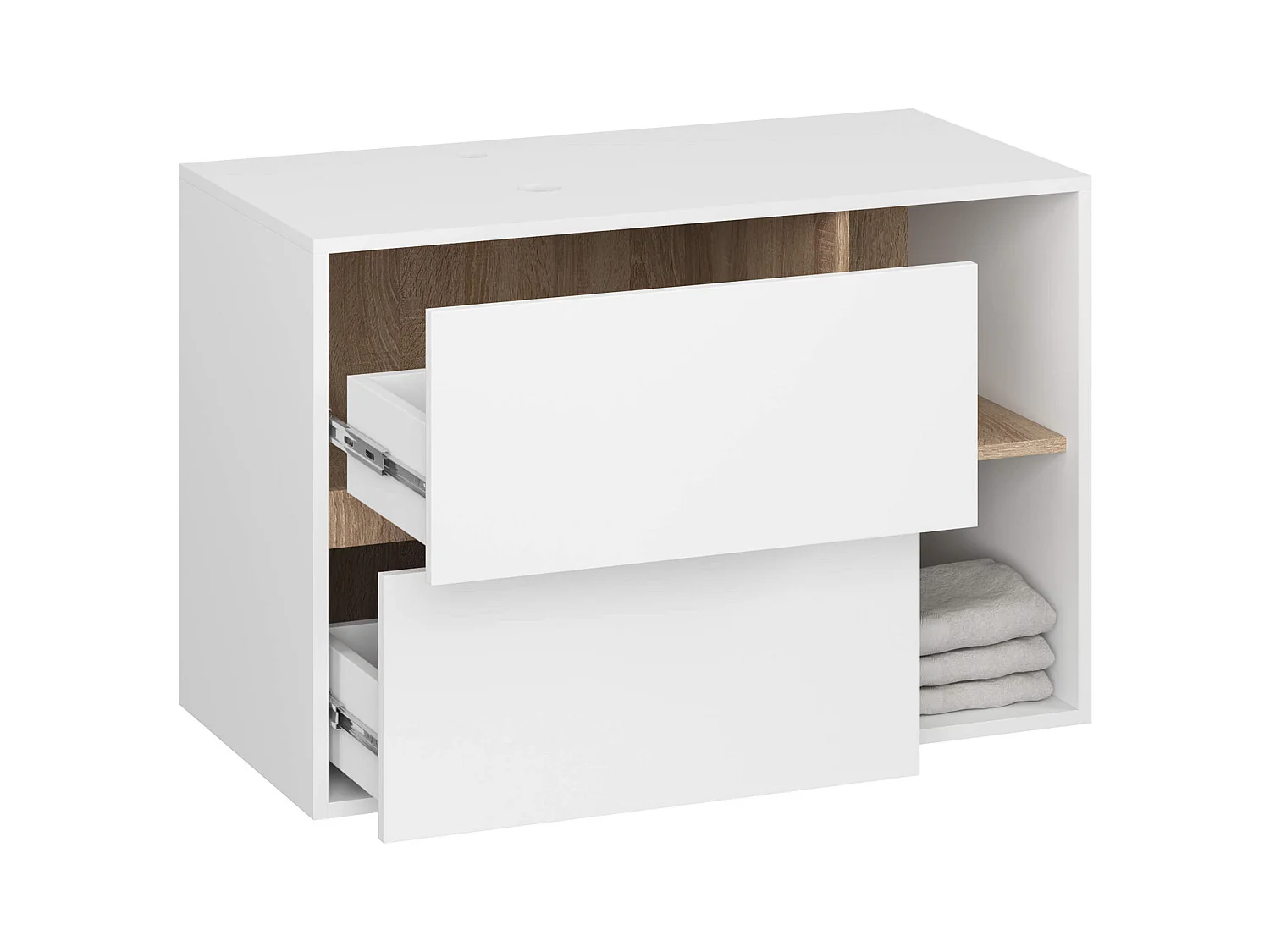 Hängender Waschbeckenunterschrank VAMI mit Waschbecken Weiß 90 cm 2 Schubladen Sonoma Eiche B90xH60xT45,5 cm