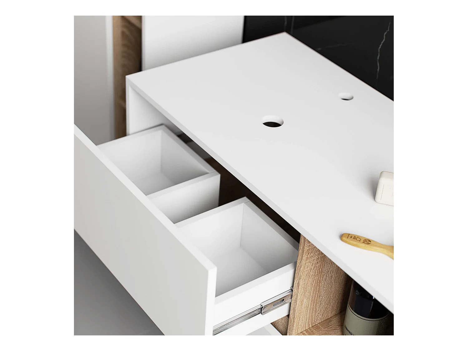 Hängender Waschbeckenunterschrank VAMI mit Waschbecken Weiß 90 cm 2 Schubladen Sonoma Eiche B90xH60xT45,5 cm