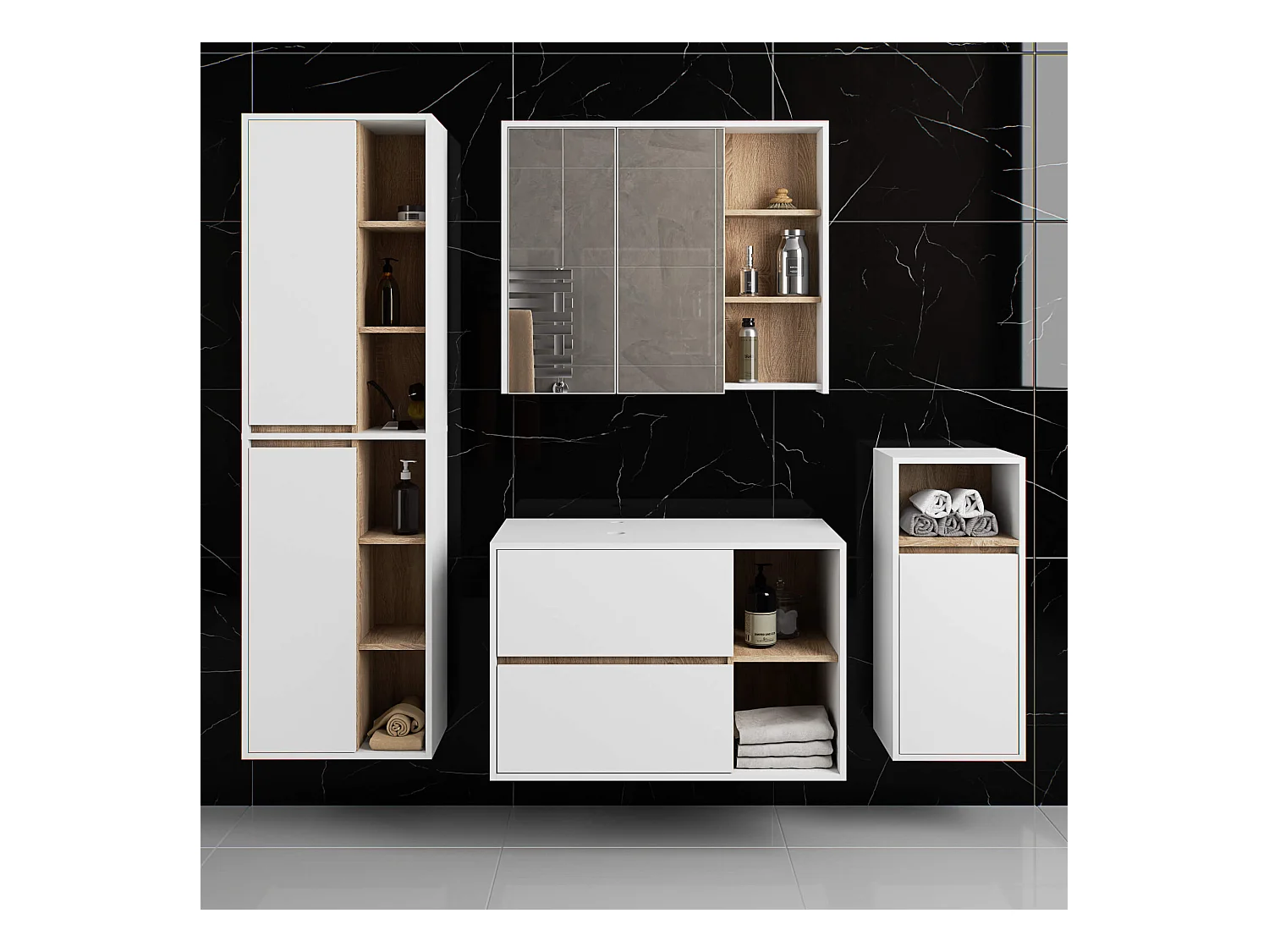 Hängender Waschbeckenunterschrank VAMI mit Waschbecken Weiß 90 cm 2 Schubladen Sonoma Eiche B90xH60xT45,5 cm