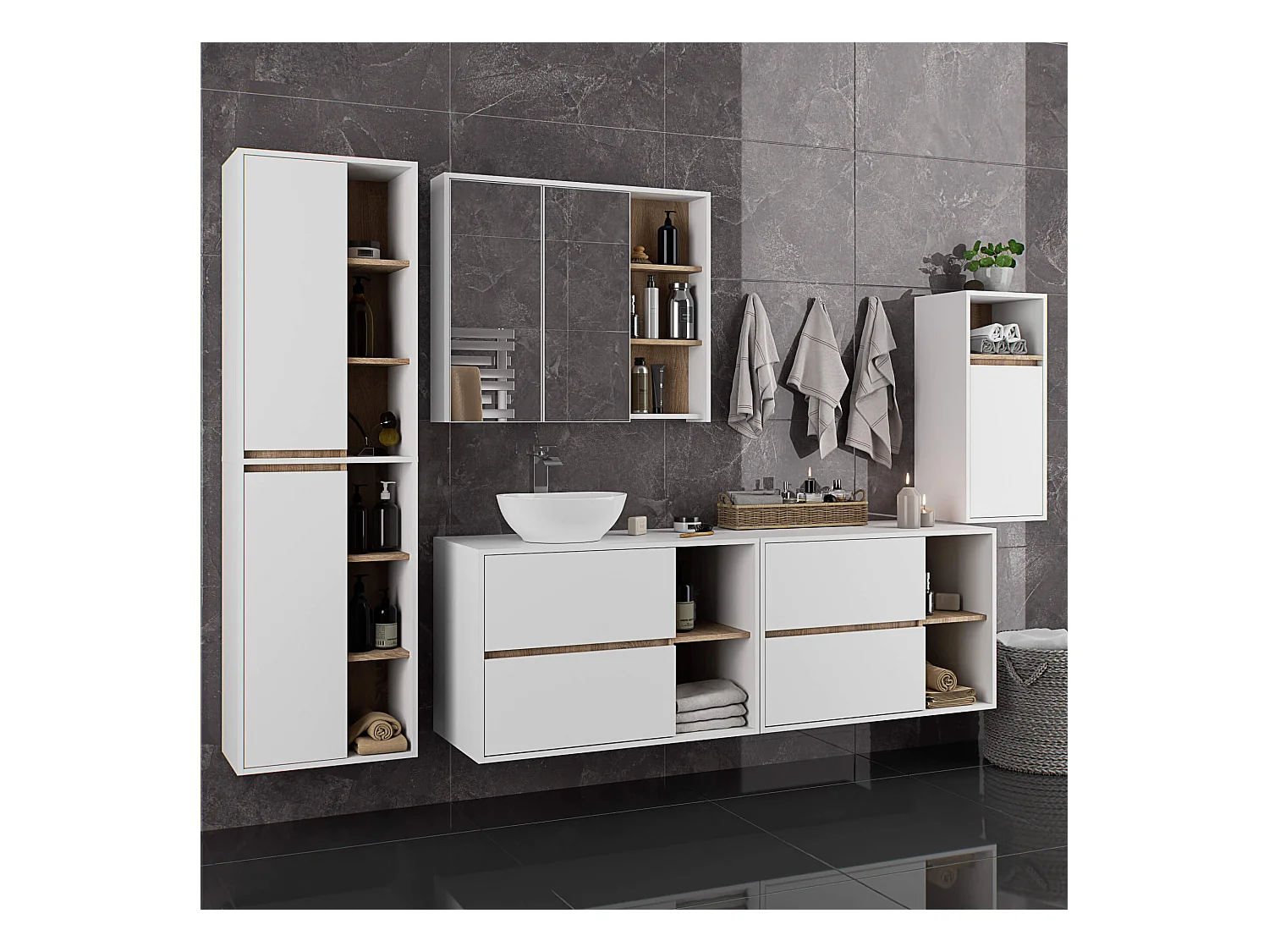 Hängender Waschbeckenunterschrank VAMI mit Waschbecken Weiß 90 cm 2 Schubladen Sonoma Eiche B90xH60xT45,5 cm