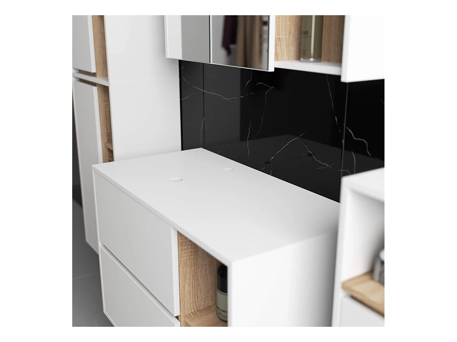 Hängender Waschbeckenunterschrank VAMI mit Waschbecken Weiß 90 cm 2 Schubladen Sonoma Eiche B90xH60xT45,5 cm
