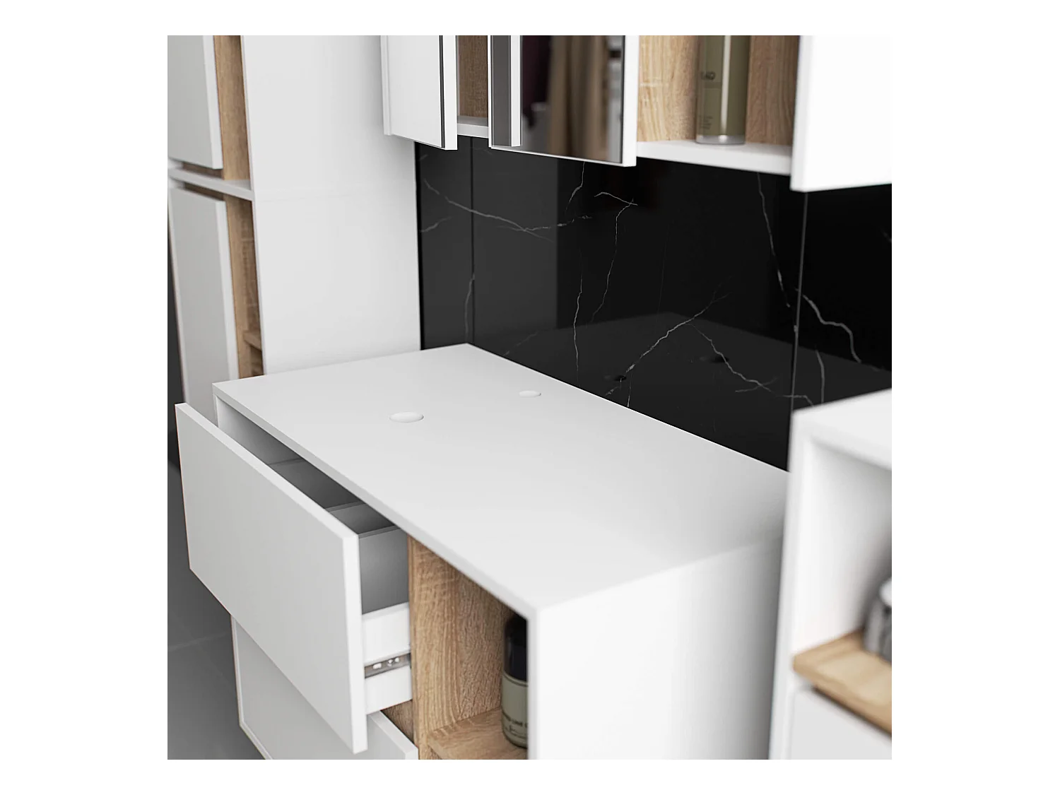 Hängender Waschbeckenunterschrank VAMI mit Waschbecken Weiß 90 cm 2 Schubladen Sonoma Eiche B90xH60xT45,5 cm