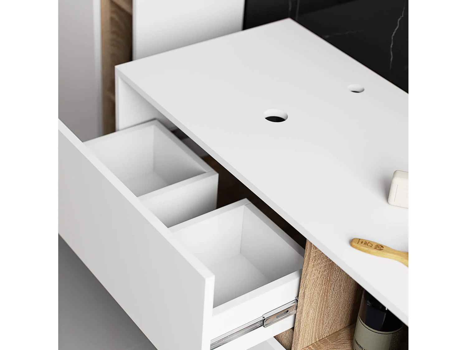 Mobile bagno sospeso con lavabo VAMI Bianco 90 cm 2 cassetti Colore interno Sonoma Quercia 2 ripiani 90x45,5x60 cm