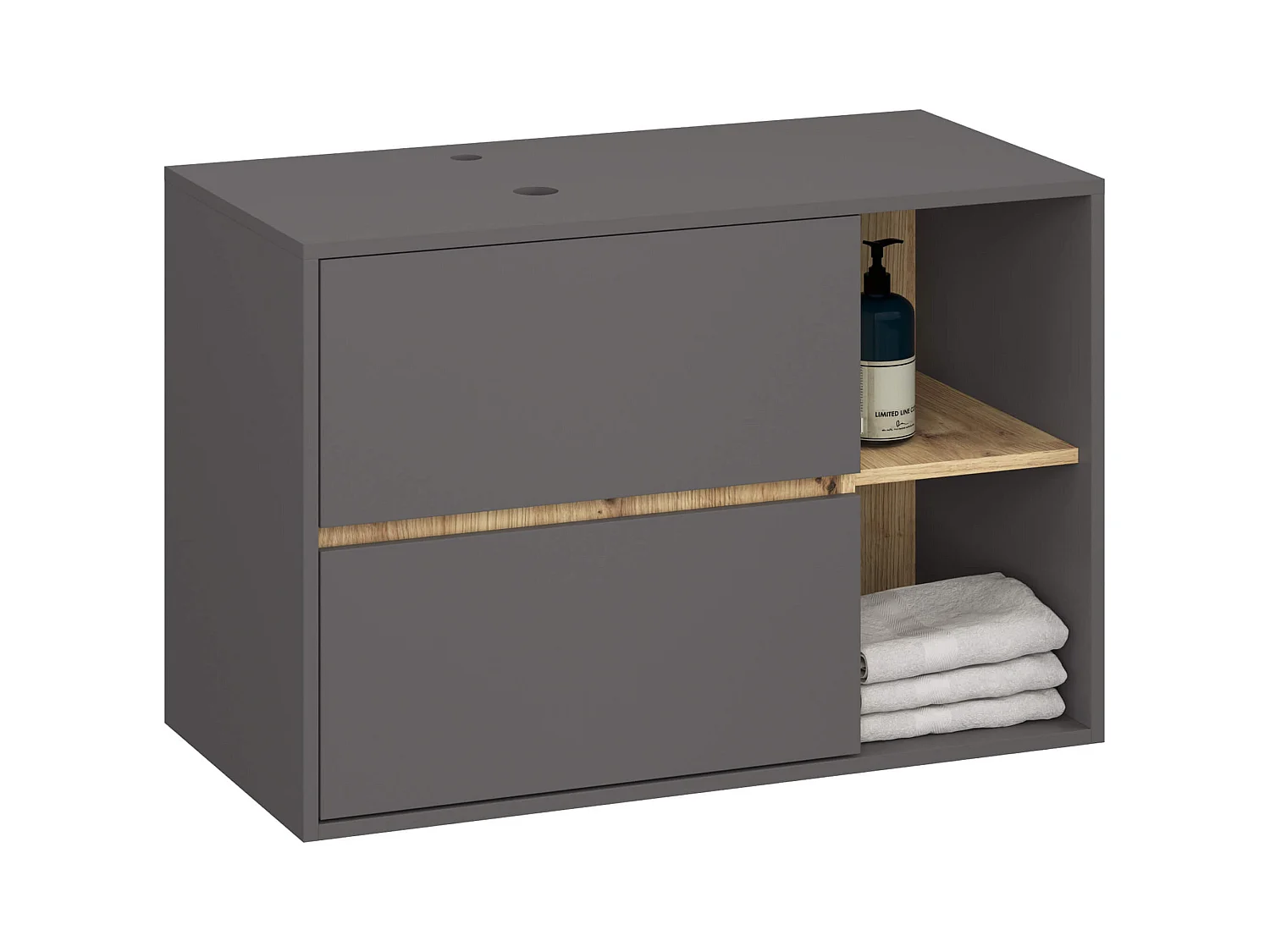 Meuble avec vasque à poser VAMI suspendu Gris Graphite 90 cm 2 tiroirs intérieur Chêne Artisan 2 étagères 90x45,5x60 cm