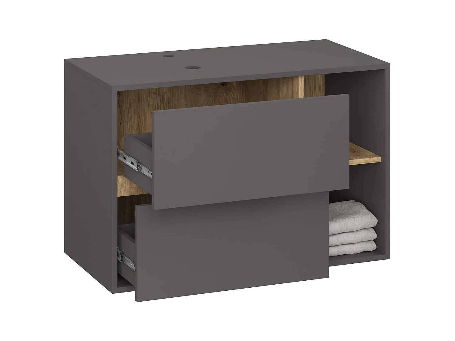 Meuble avec vasque à poser VAMI suspendu Gris Graphite 90 cm 2 tiroirs intérieur Chêne Artisan 2 étagères 90x45,5x60 cm