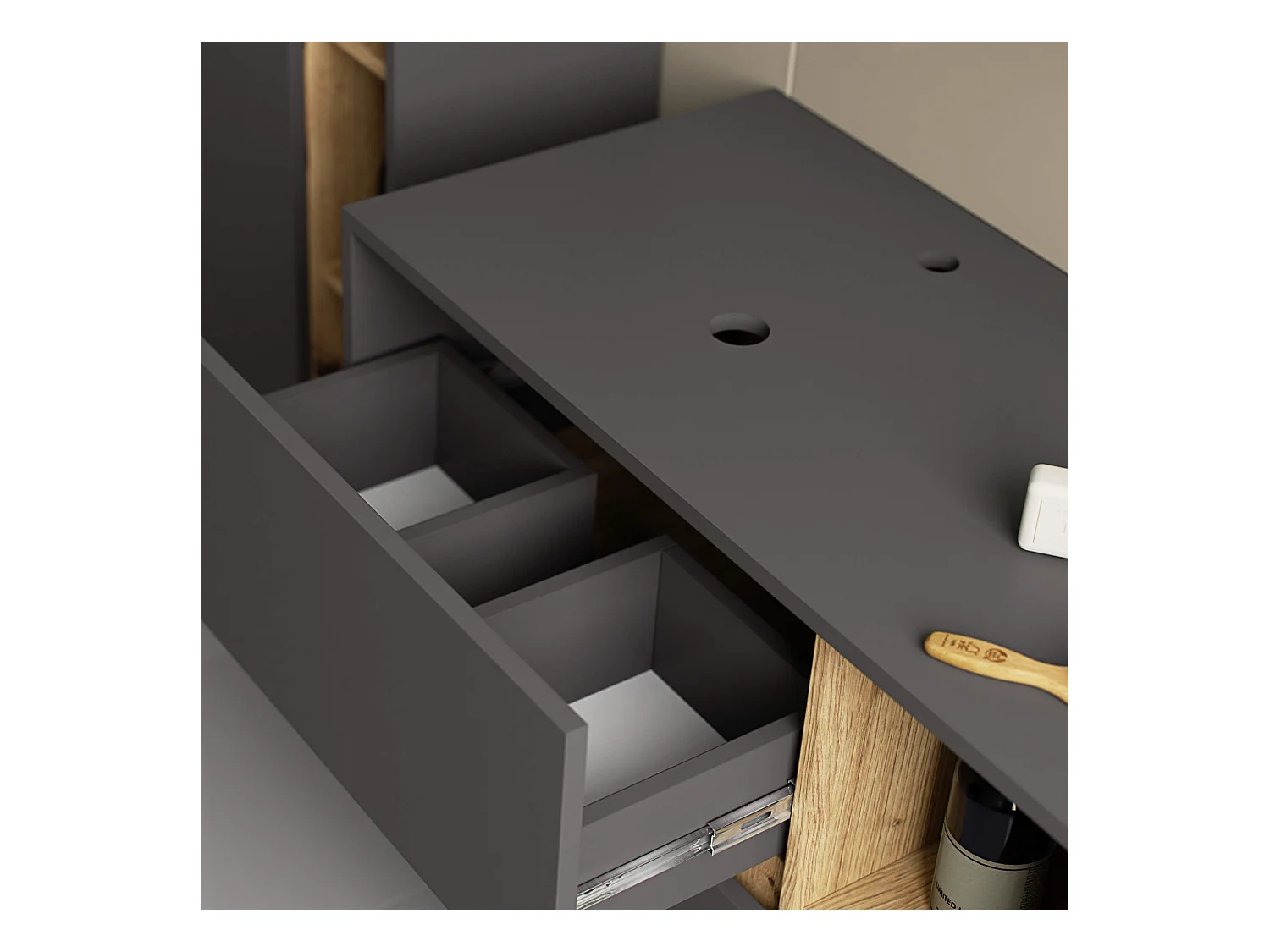 Meuble avec vasque à poser VAMI suspendu Gris Graphite 90 cm 2 tiroirs intérieur Chêne Artisan 2 étagères 90x45,5x60 cm