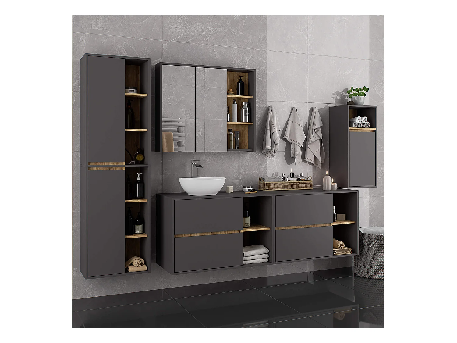 Meuble avec vasque à poser VAMI suspendu Gris Graphite 90 cm 2 tiroirs intérieur Chêne Artisan 2 étagères 90x45,5x60 cm