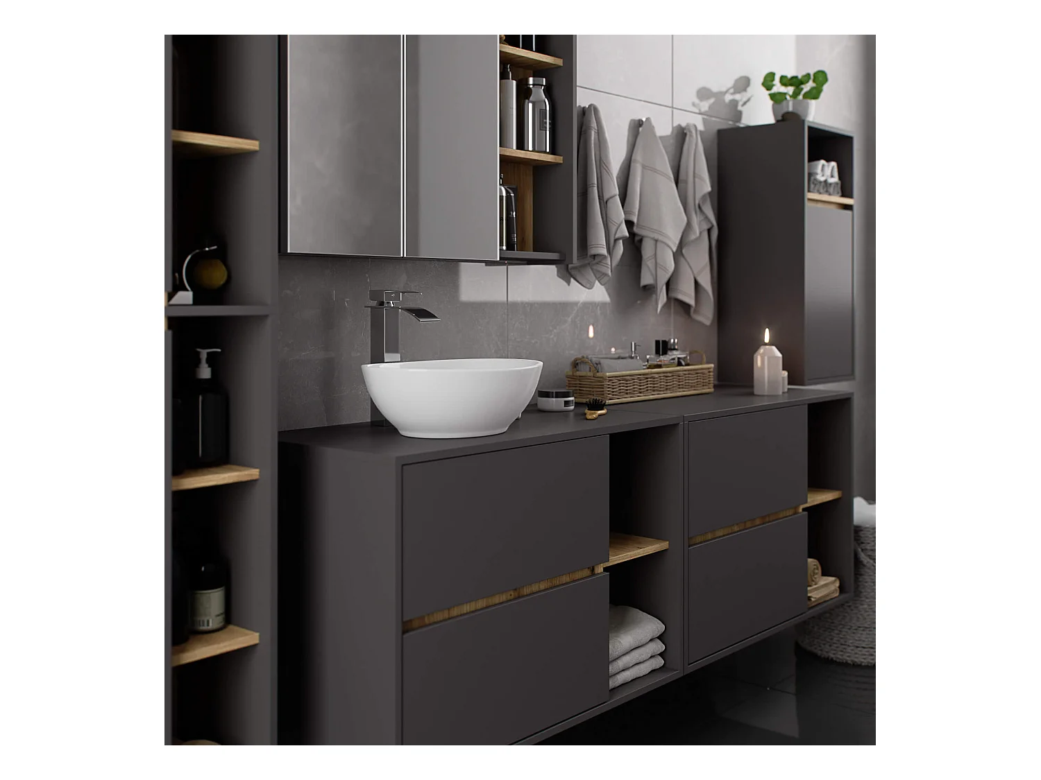 Meuble avec vasque à poser VAMI suspendu Gris Graphite 90 cm 2 tiroirs intérieur Chêne Artisan 2 étagères 90x45,5x60 cm