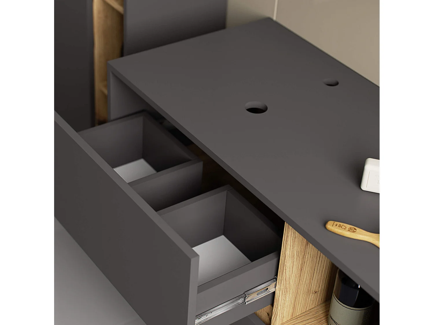 Meuble avec vasque à poser VAMI suspendu Gris Graphite 90 cm 2 tiroirs intérieur Chêne Artisan 2 étagères 90x45,5x60 cm
