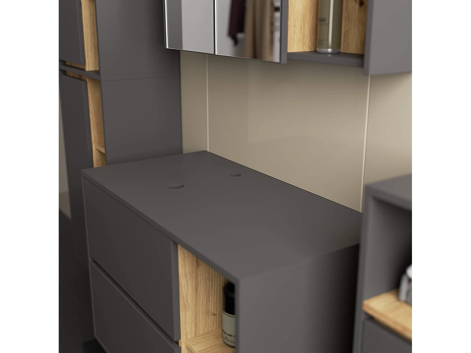 Meuble avec vasque à poser VAMI suspendu Gris Graphite 90 cm 2 tiroirs intérieur Chêne Artisan 2 étagères 90x45,5x60 cm