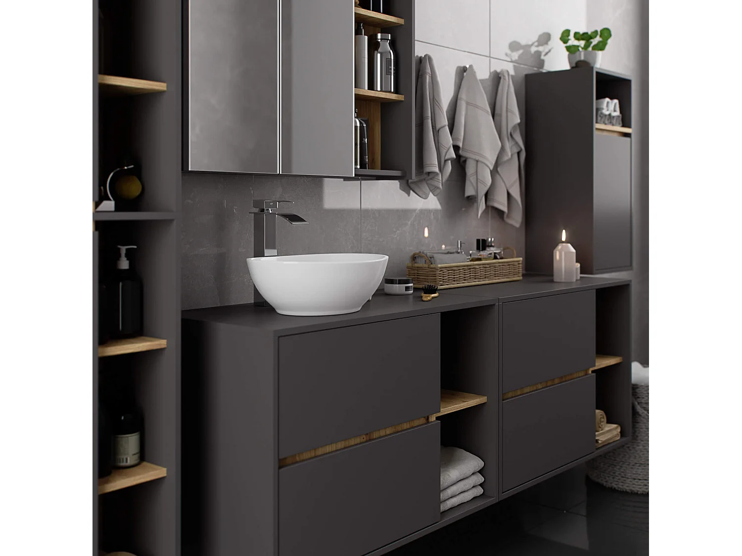 Meuble avec vasque à poser VAMI suspendu Gris Graphite 90 cm 2 tiroirs intérieur Chêne Artisan 2 étagères 90x45,5x60 cm