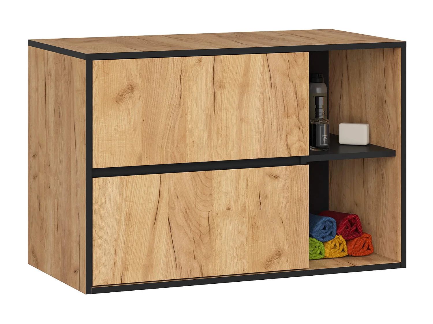 Meuble salle de bains VAMI suspendu sans vasque Chêne Craft et Noir 90 cm 2 tiroirs 2 étagères 90x45,5x60 cm