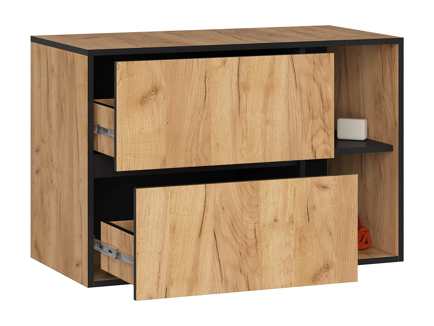 Meuble salle de bains VAMI suspendu sans vasque Chêne Craft et Noir 90 cm 2 tiroirs 2 étagères 90x45,5x60 cm