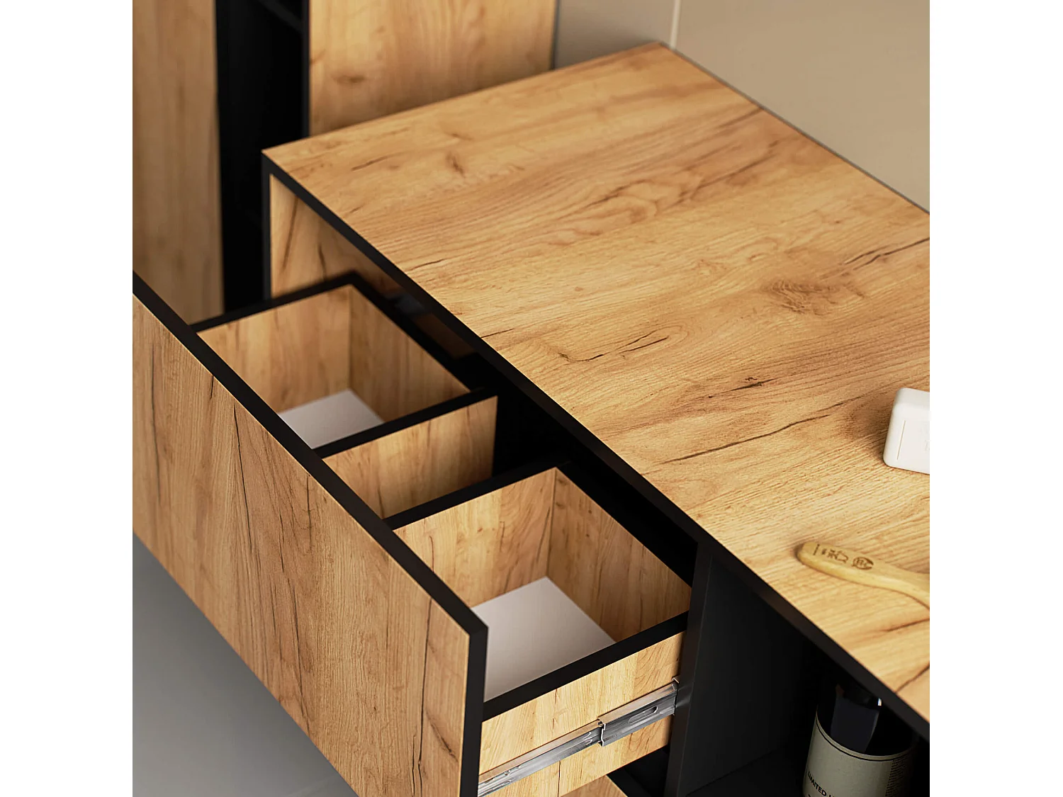 Meuble salle de bains VAMI suspendu sans vasque Chêne Craft et Noir 90 cm 2 tiroirs 2 étagères 90x45,5x60 cm