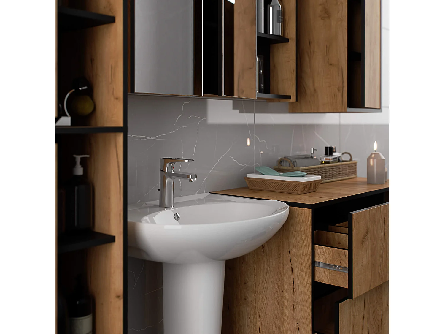 Meuble salle de bains VAMI suspendu sans vasque Chêne Craft et Noir 90 cm 2 tiroirs 2 étagères 90x45,5x60 cm