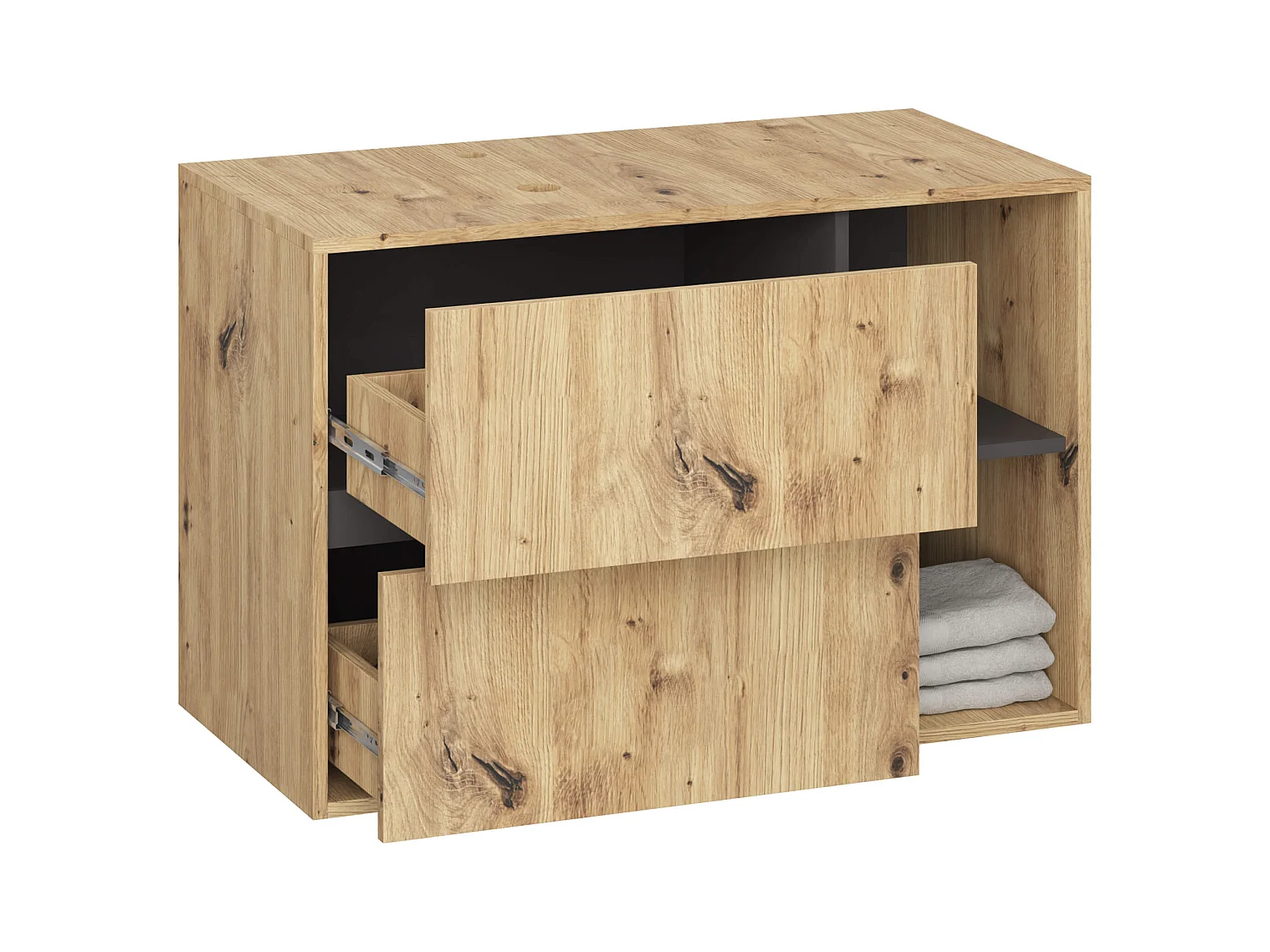 Meuble avec vasque à poser VAMI suspendu Chêne Artisan 90 cm 2 tiroirs intérieur Gris Graphite 2 étagères 90x45,5x60 cm