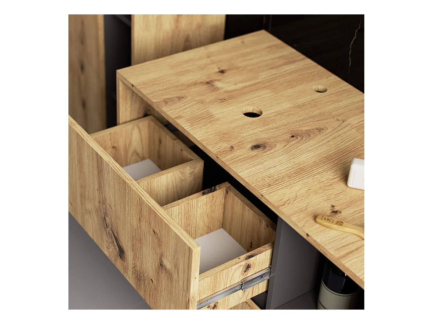 Meuble avec vasque à poser VAMI suspendu Chêne Artisan 90 cm 2 tiroirs intérieur Gris Graphite 2 étagères 90x45,5x60 cm