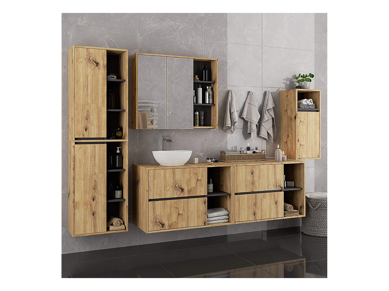 Meuble avec vasque à poser VAMI suspendu Chêne Artisan 90 cm 2 tiroirs intérieur Gris Graphite 2 étagères 90x45,5x60 cm