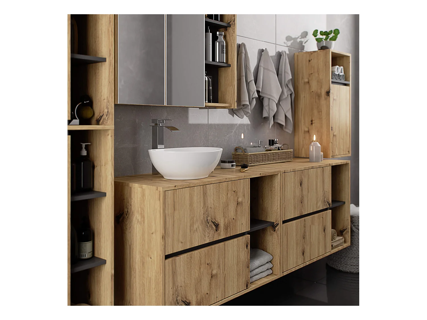 Meuble avec vasque à poser VAMI suspendu Chêne Artisan 90 cm 2 tiroirs intérieur Gris Graphite 2 étagères 90x45,5x60 cm