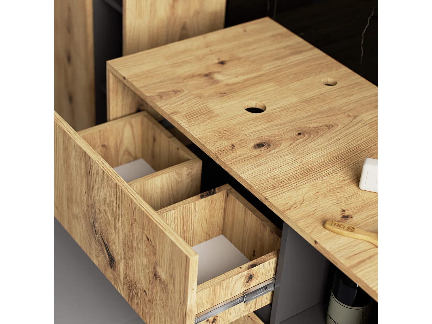 Meuble avec vasque à poser VAMI suspendu Chêne Artisan 90 cm 2 tiroirs intérieur Gris Graphite 2 étagères 90x45,5x60 cm