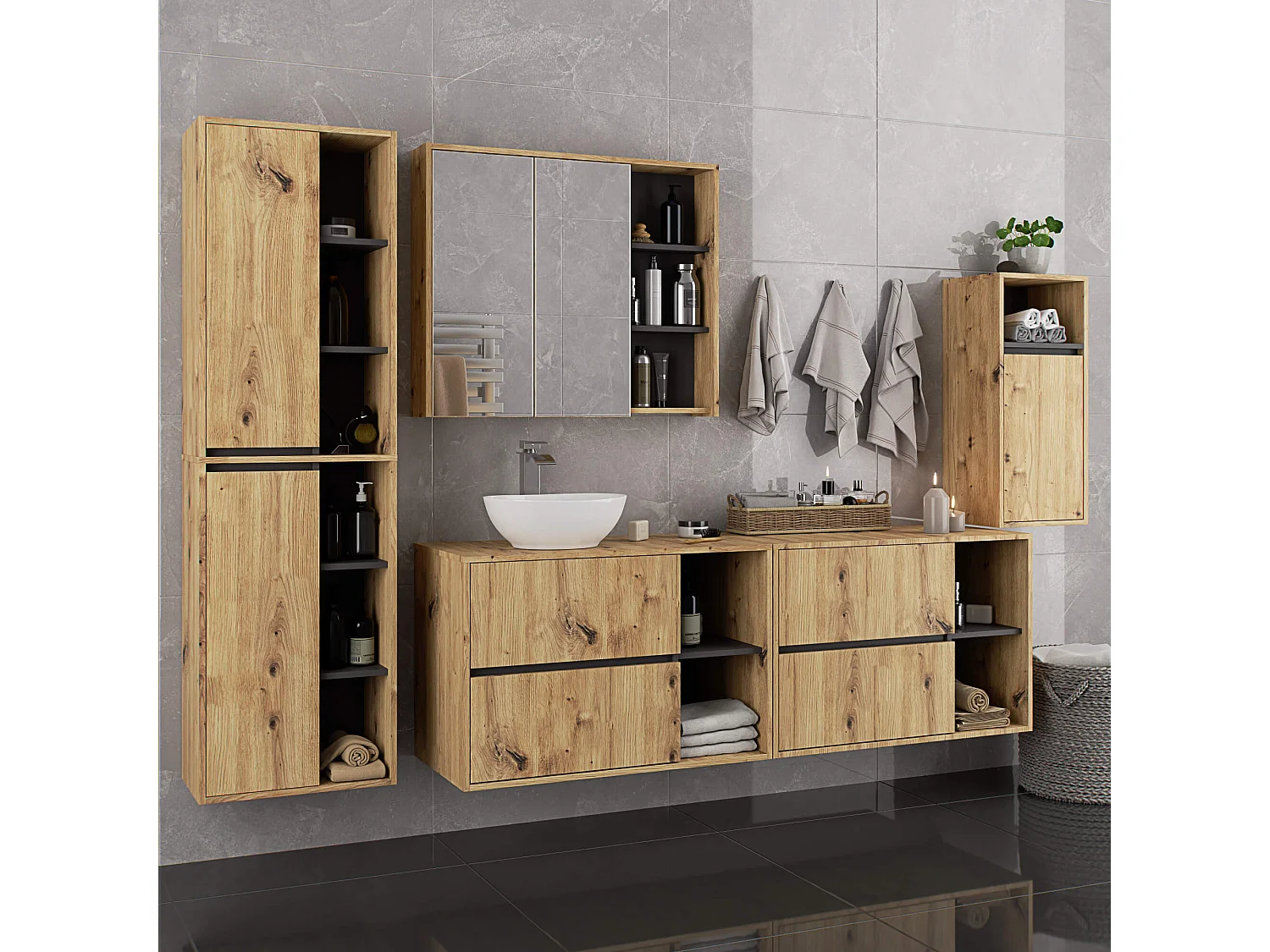 Meuble avec vasque à poser VAMI suspendu Chêne Artisan 90 cm 2 tiroirs intérieur Gris Graphite 2 étagères 90x45,5x60 cm