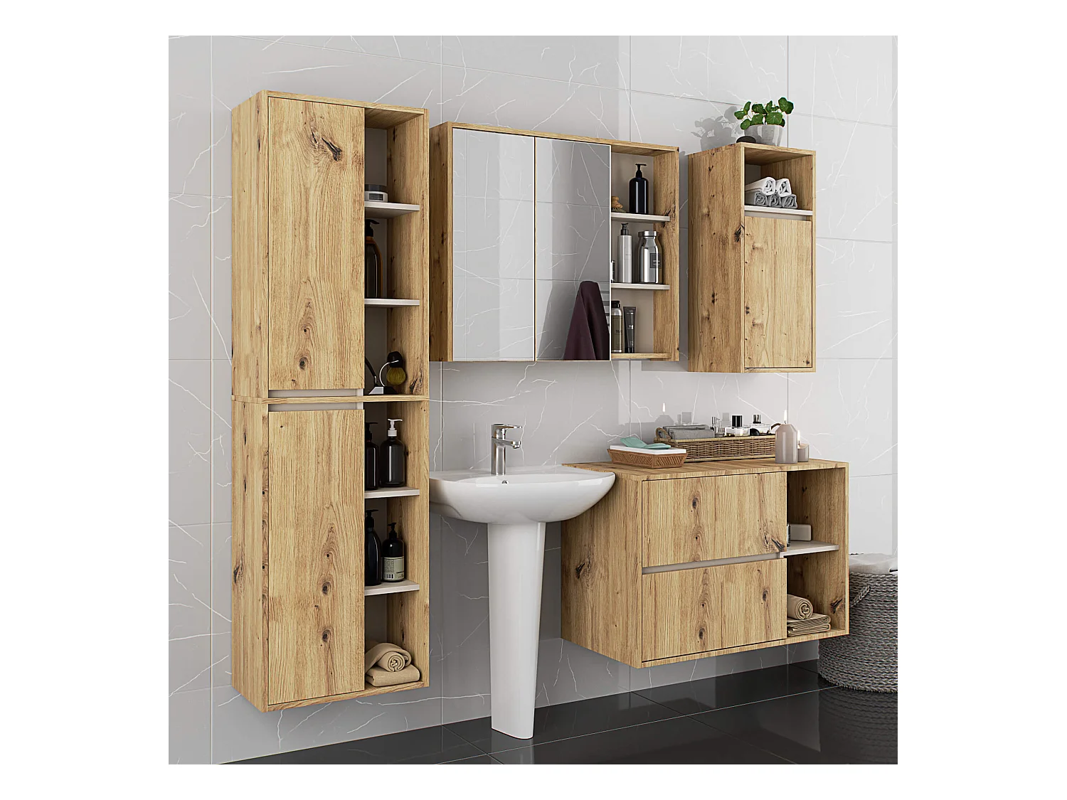 Hängender Waschbeckenunterschrank VAMI für Waschbecken Artisan Eiche, Kaschmir 90 cm 2 Schubladen B90xH60xT45,5 cm