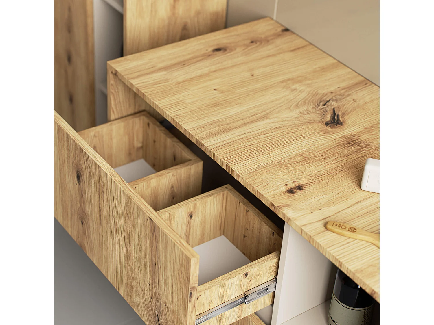 Hängender Waschbeckenunterschrank VAMI für Waschbecken Artisan Eiche, Kaschmir 90 cm 2 Schubladen B90xH60xT45,5 cm