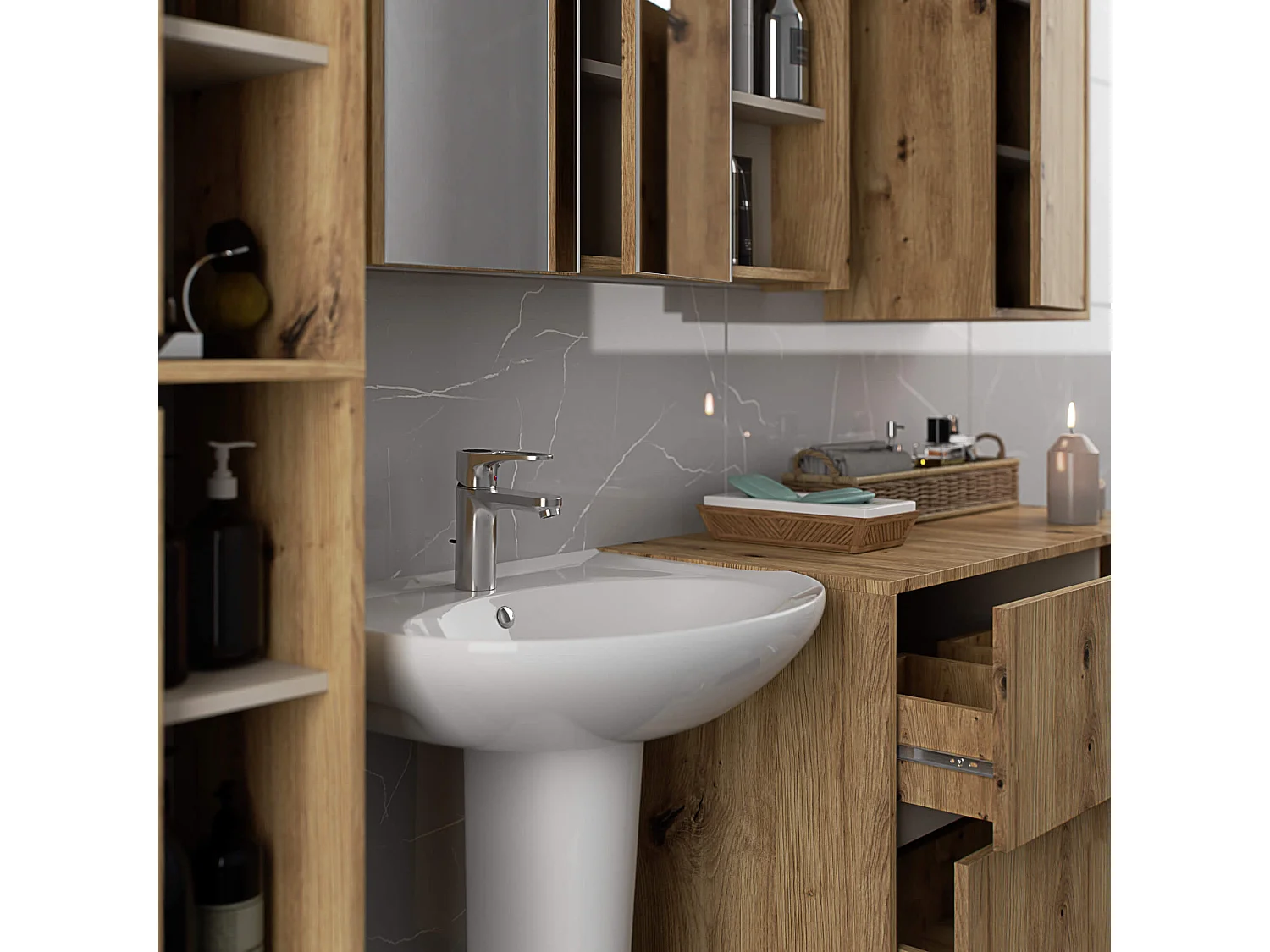 Hängender Waschbeckenunterschrank VAMI für Waschbecken Artisan Eiche, Kaschmir 90 cm 2 Schubladen B90xH60xT45,5 cm