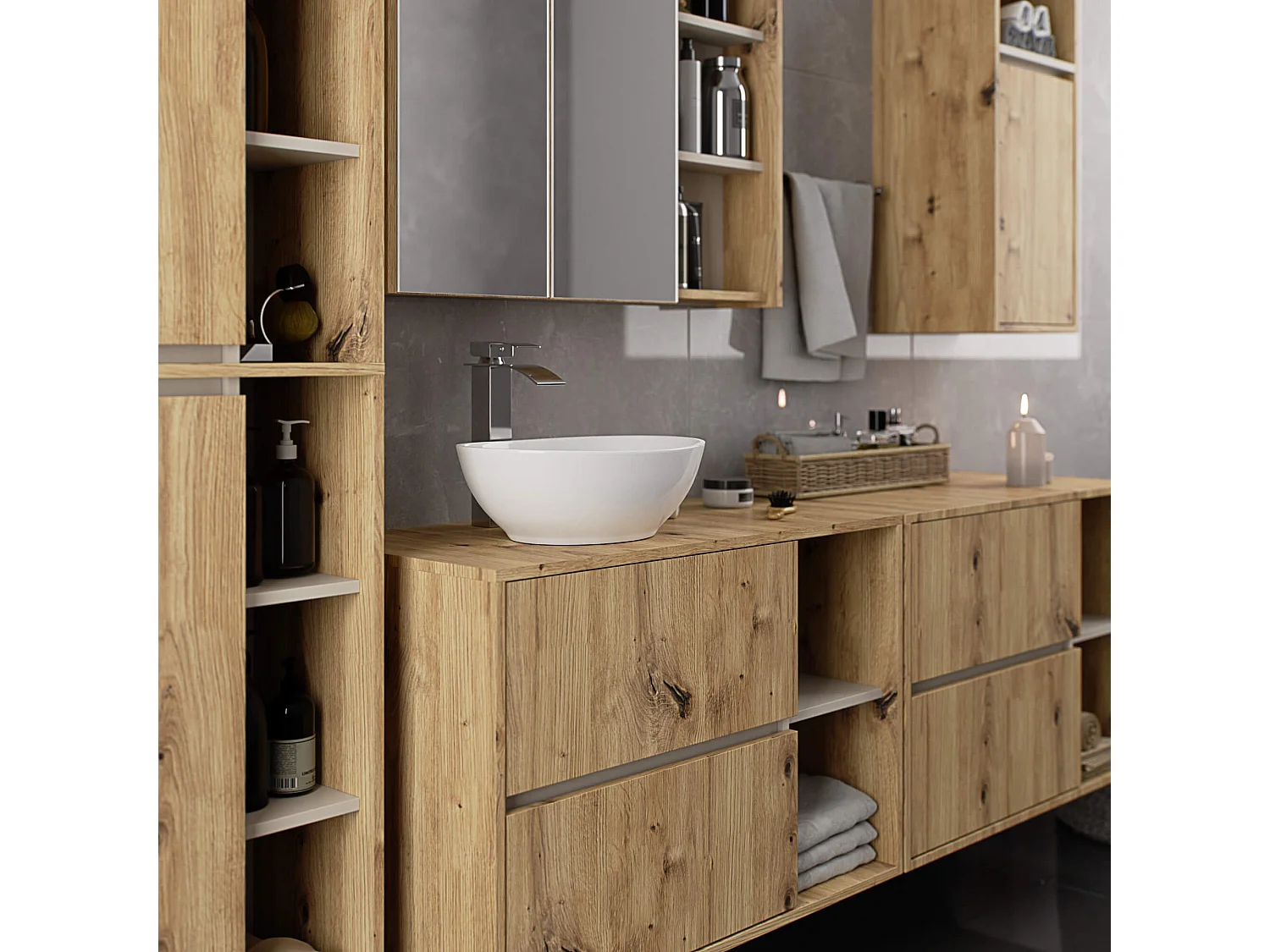 Hängender Waschbeckenunterschrank VAMI für Waschbecken Artisan Eiche, Kaschmir 90 cm 2 Schubladen B90xH60xT45,5 cm