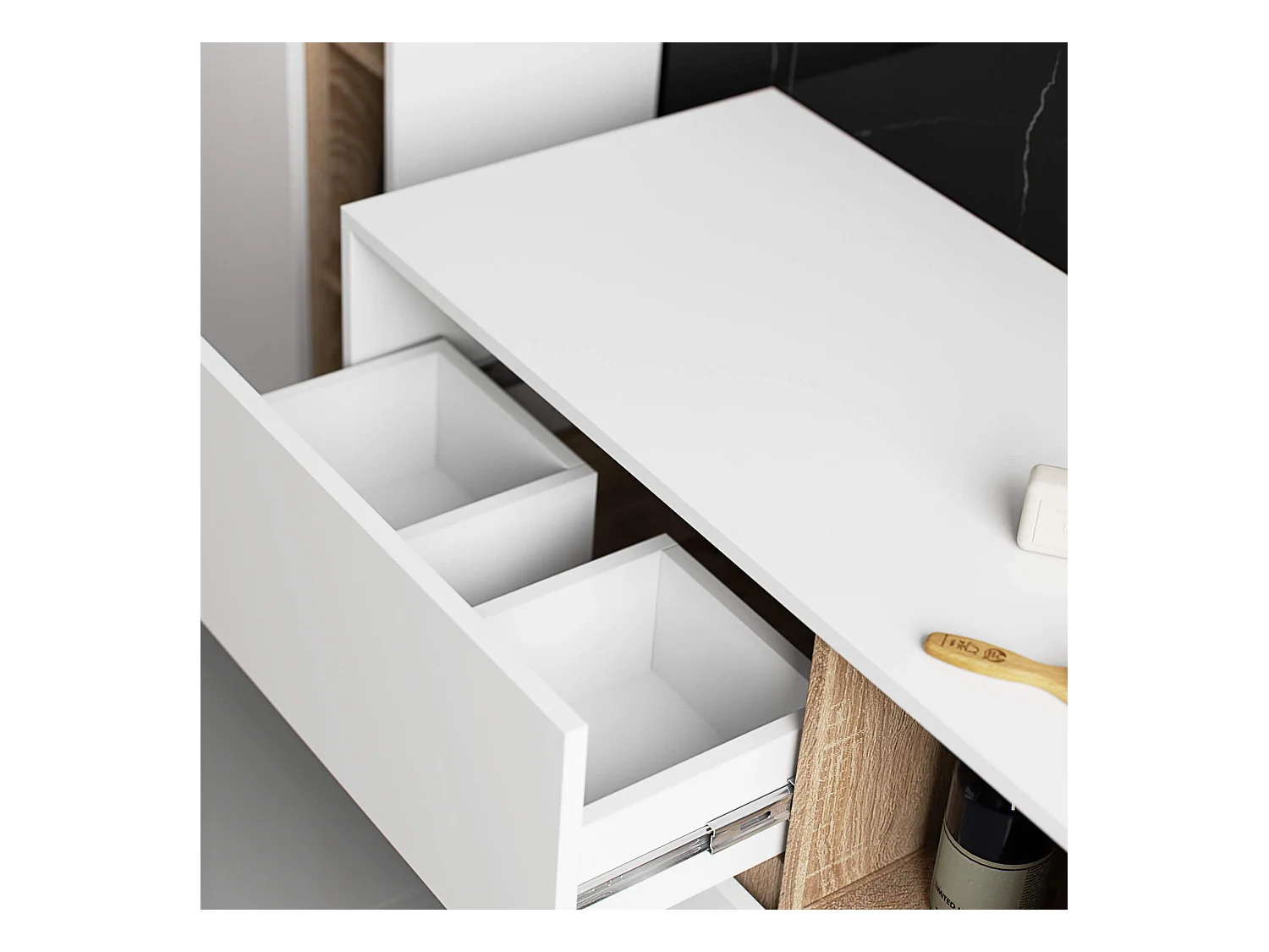 Hängender Waschbeckenunterschrank VAMI für Waschbecken Weiß, Sonoma Eiche 90 cm 2 Schubladen B90xH60xT45,5 cm