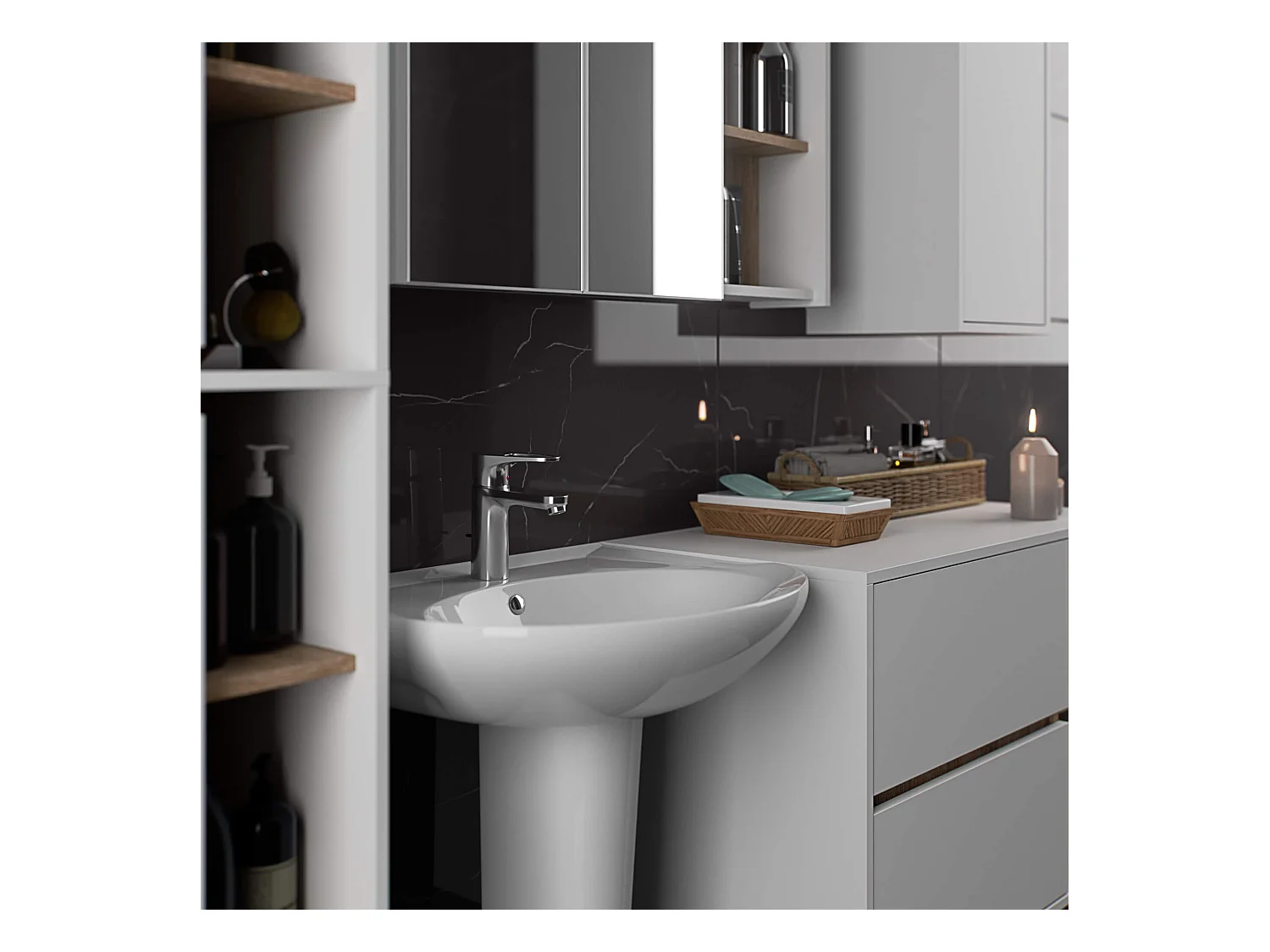 Hängender Waschbeckenunterschrank VAMI für Waschbecken Weiß, Sonoma Eiche 90 cm 2 Schubladen B90xH60xT45,5 cm