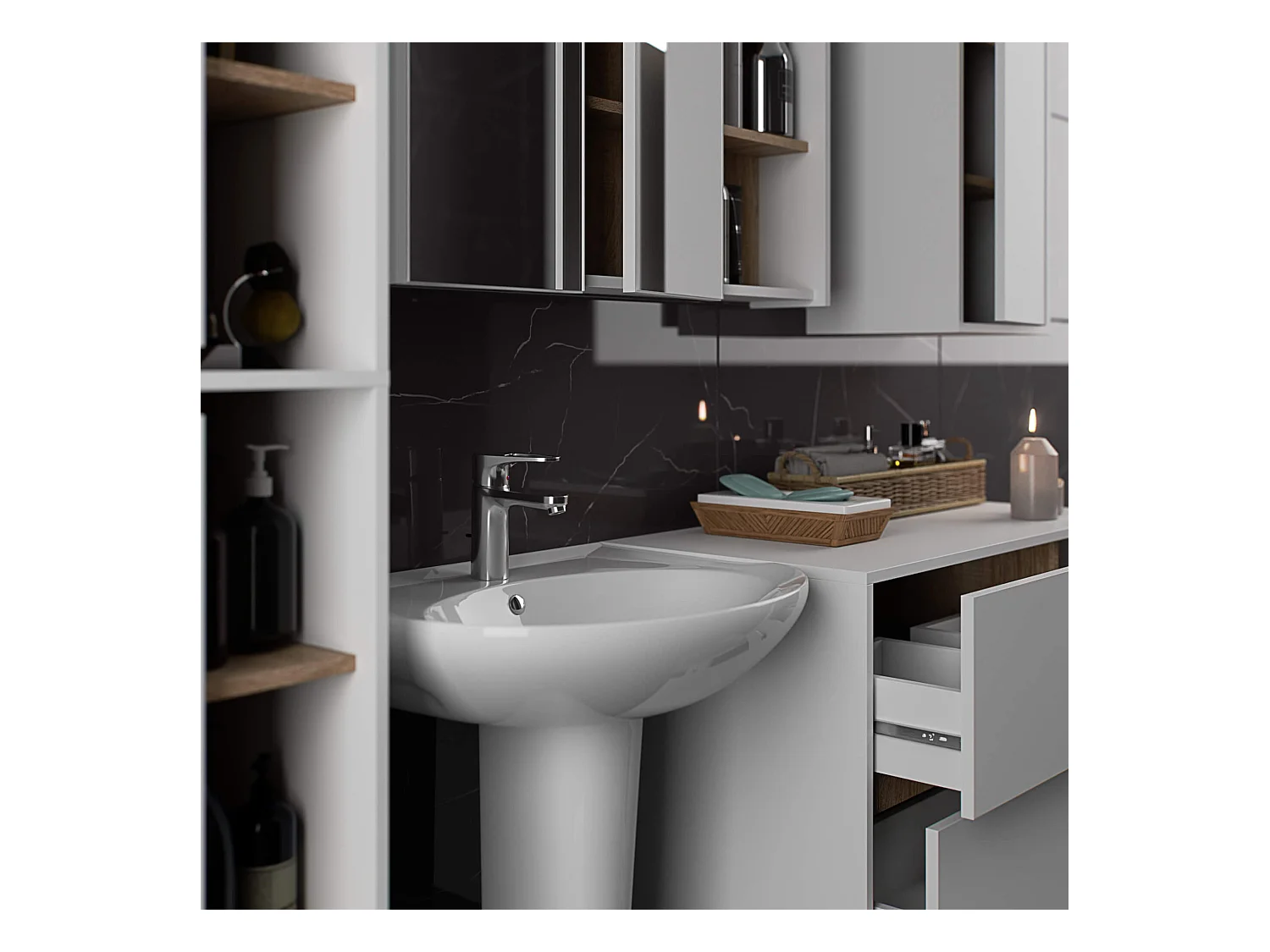 Hängender Waschbeckenunterschrank VAMI für Waschbecken Weiß, Sonoma Eiche 90 cm 2 Schubladen B90xH60xT45,5 cm