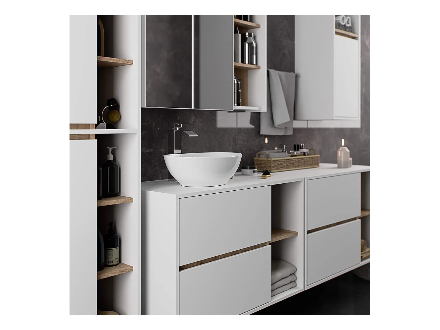 Hängender Waschbeckenunterschrank VAMI für Waschbecken Weiß, Sonoma Eiche 90 cm 2 Schubladen B90xH60xT45,5 cm