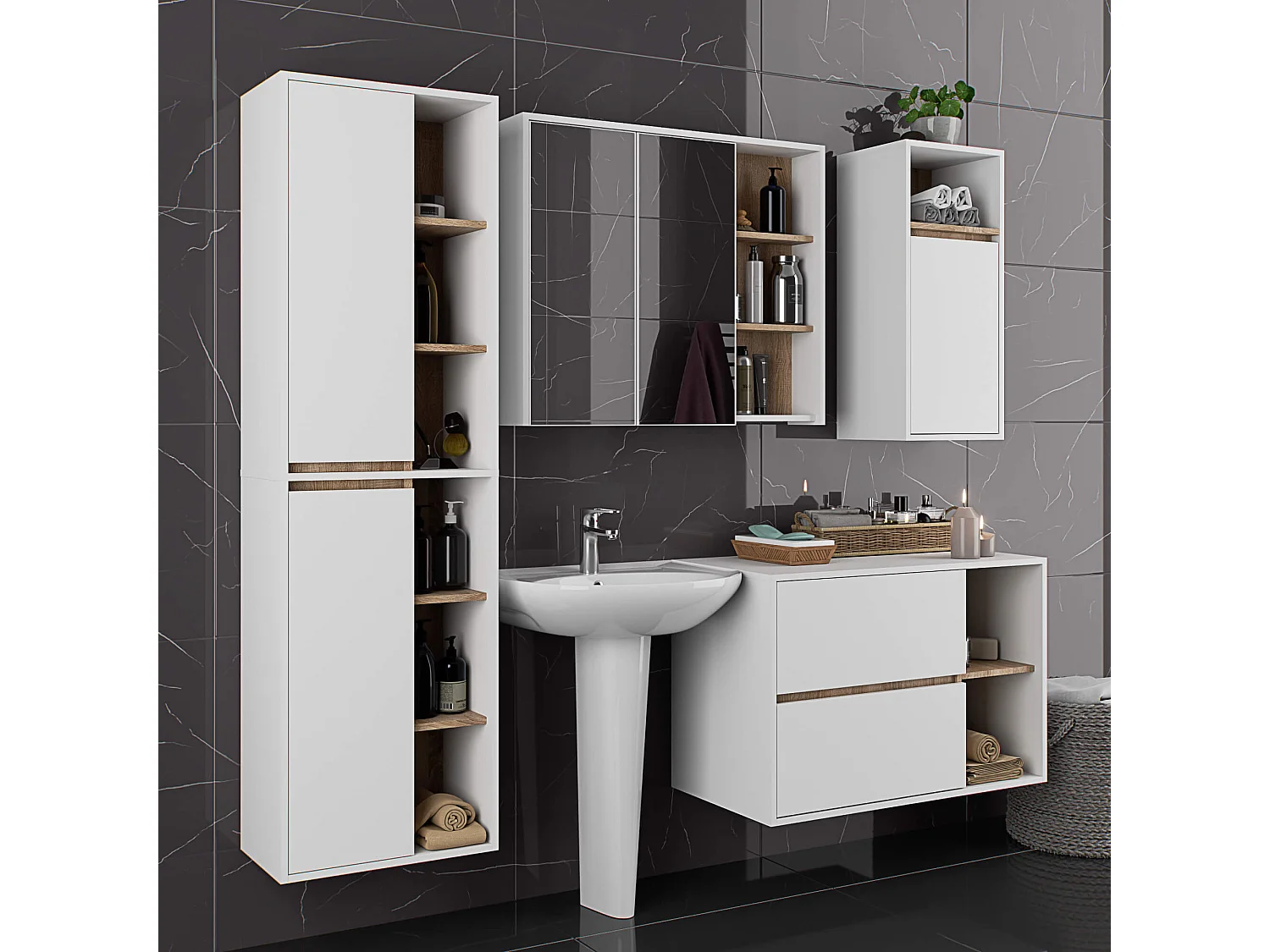 Hangende Wastafel Onderkast VAMI W90 / Wastafel Onderbouw Kast / Badkamer Kastje / Wit – Sonoma Eik / AKORD Furniture Factory / 90x60x45,5 cm