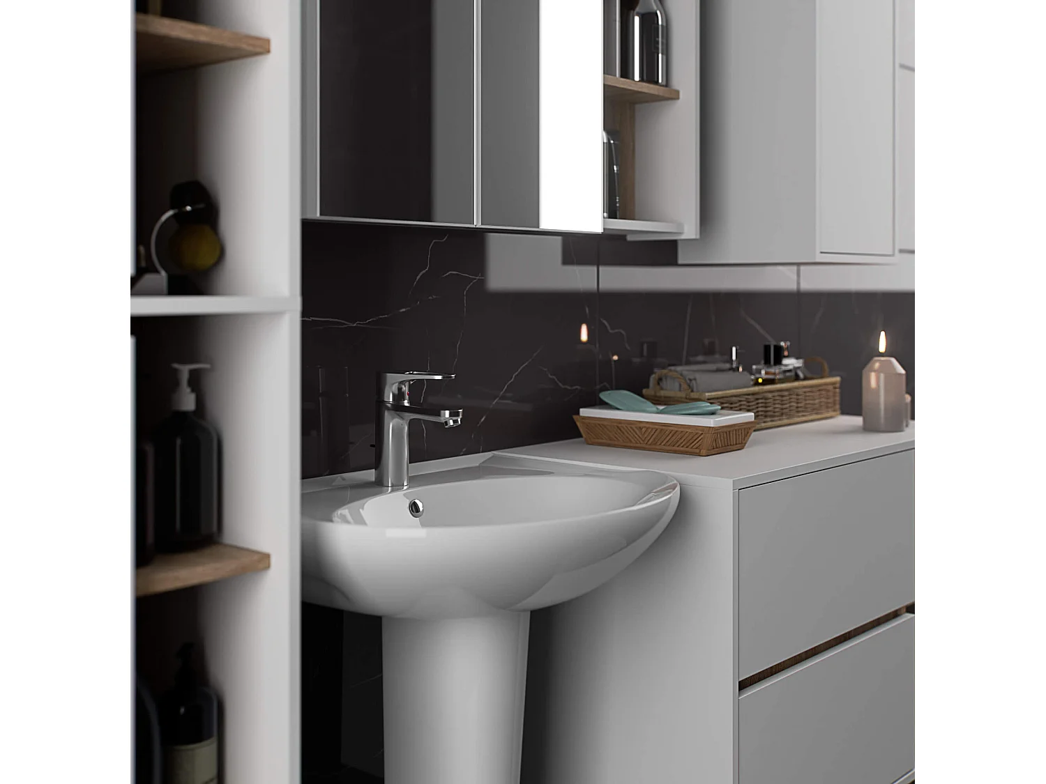 Hangende Wastafel Onderkast VAMI W90 / Wastafel Onderbouw Kast / Badkamer Kastje / Wit – Sonoma Eik / AKORD Furniture Factory / 90x60x45,5 cm