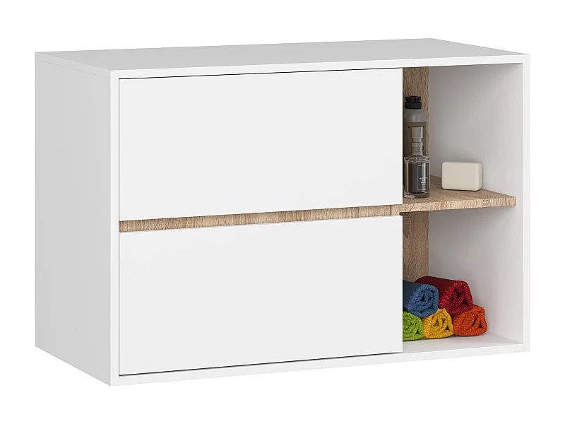 Meuble salle de bains VAMI suspendu sans vasque Blanc et Chêne Sonoma 90 cm 2 tiroirs 2 étagères 90x45,5x60 cm